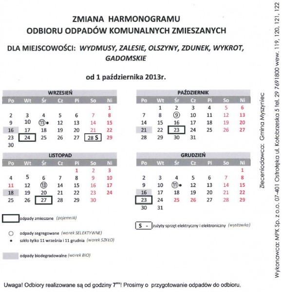 Zmiana harmonogramu wywozu odpad&oacute;w z terenu gminy Myszyniec