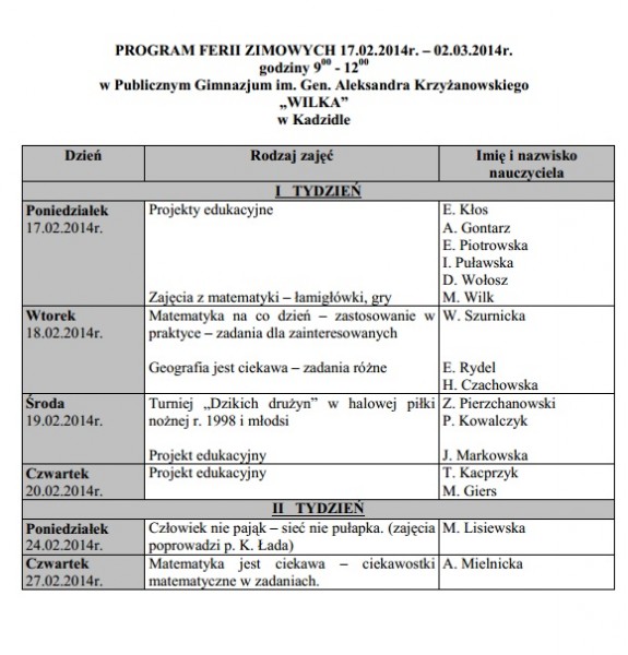 Program Zajęć w Publicznym Gimnazjum im. Gen. Aleksandra Krzyżanowskiego Wilka w Kadzidle