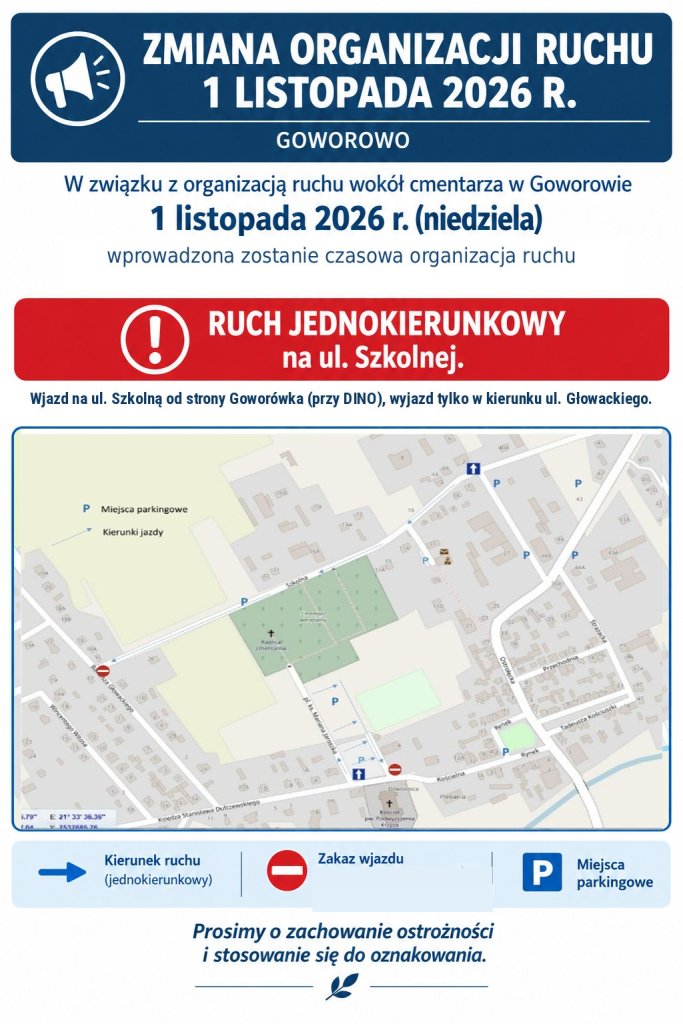 mapa zmiany organizacji ruchu przy cmentarzu w Goworowie 1 listopada