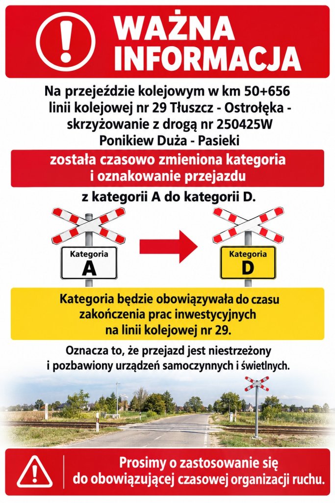 plakat o zmianie kategorii przejazdu kolejowego Ponikiew Duża &ndash; Pasieki